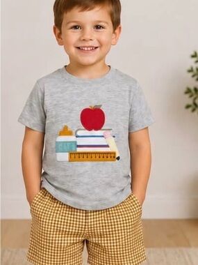 Kids Grey School Icons T-Shirt and Tan Gingham Shorts Matching Set